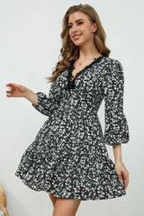 Printed Plunge Neck Flounce Sleeve Mini Dress - Trendsi