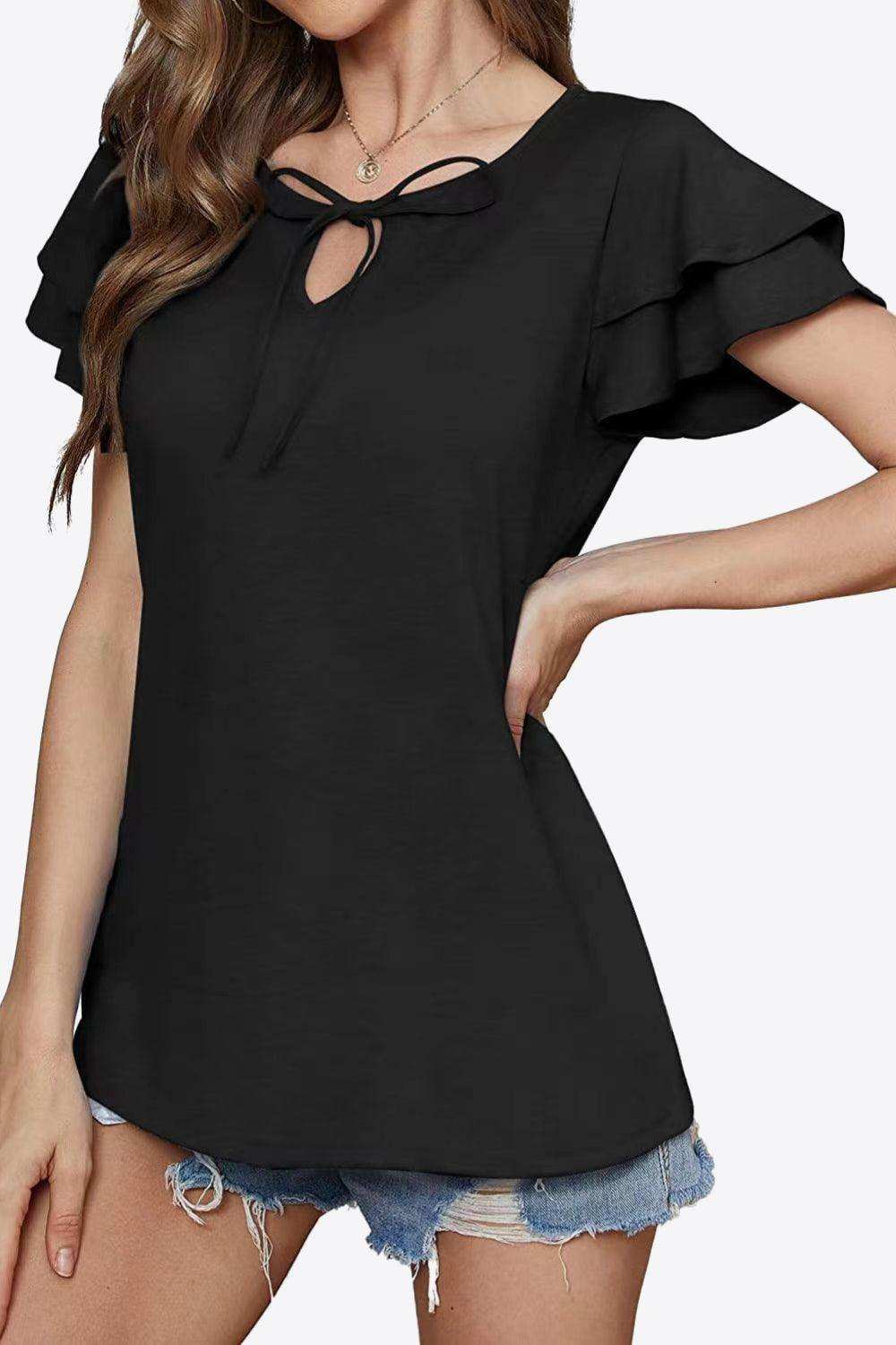Tie-Neck Layered Flutter Sleeve Blouse - Trendsi - Flyclothing LLC