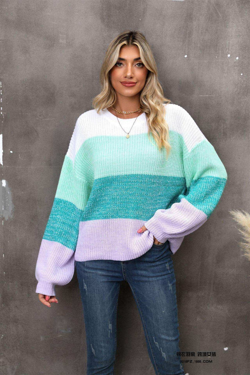 Color Block Round Neck Dropped Shoulder Sweater - Trendsi - Flyclothing LLC