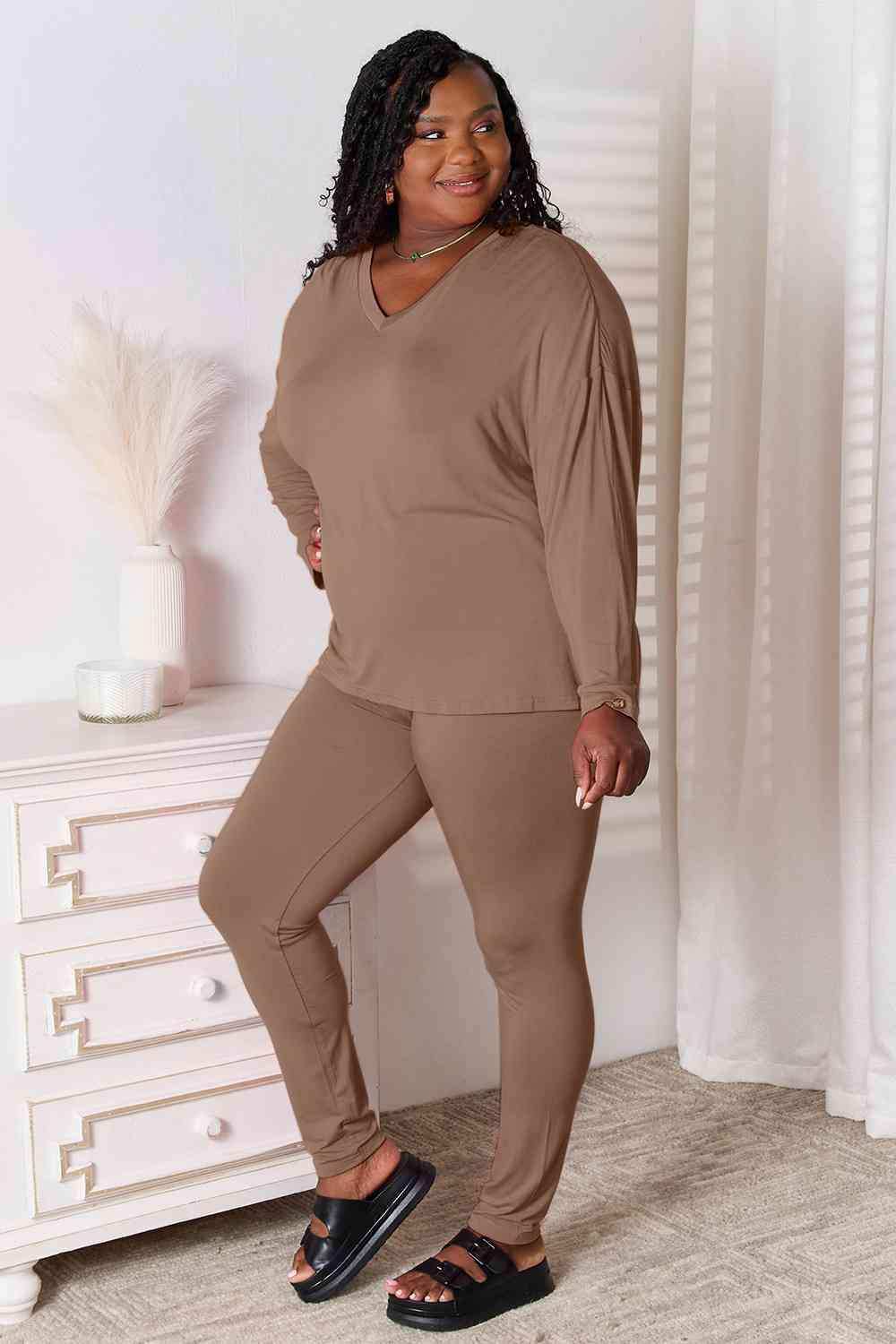 Basic Bae Full Size V-Neck Soft Rayon Long Sleeve Top and Pants Lounge Set - Trendsi - Flyclothing LLC