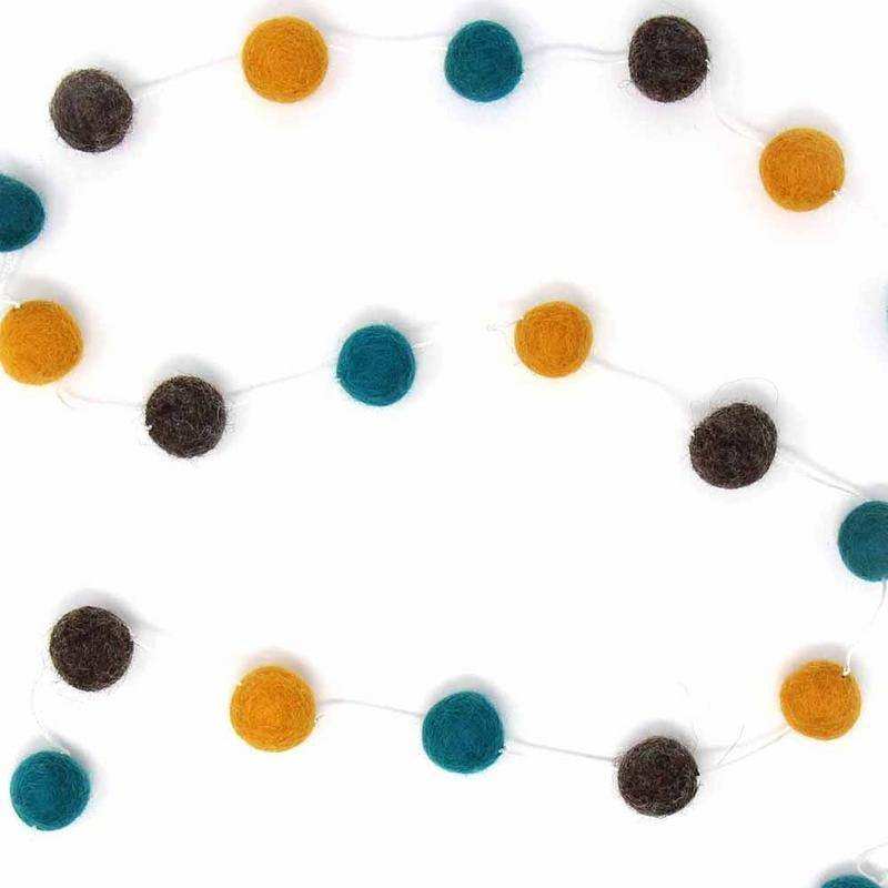 Hand Crafted Felt from Nepal: Pom Pom Garlands, Blue/Grey/Yellow - Global Groove Direct - Flyclothing LLC