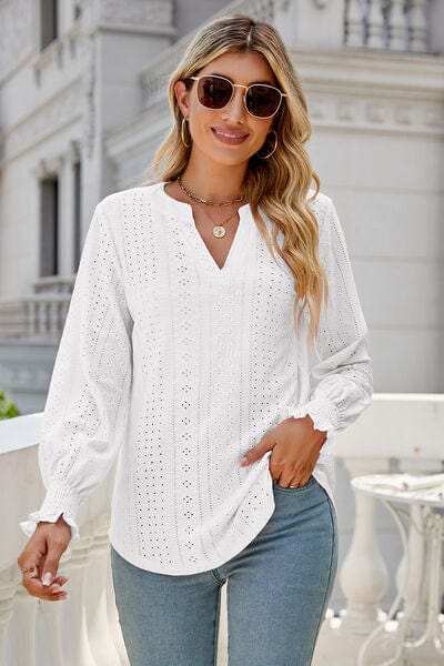Eyelet Notched Lantern Sleeve T-Shirt - Trendsi - Flyclothing LLC