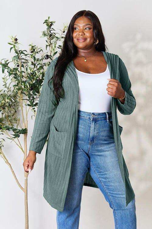 Basic Bae Full Size Ribbed Open Front Long Sleeve Cardigan - Trendsi - Flyclothing LLC