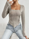 Ribbed Decorative Button Long Sleeve T-Shirt - Trendsi