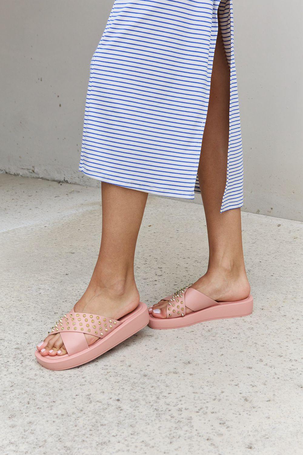 Forever Link Studded Cross Strap Sandals in Blush - Trendsi