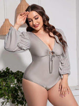 Plus Size Tied Deep V Balloon Sleeve One-Piece Swimsuit - Trendsi - Flyclothing LLC