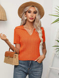 Cable-Knit Johnny Collar Short Sleeve Knit Top - Trendsi - Flyclothing LLC