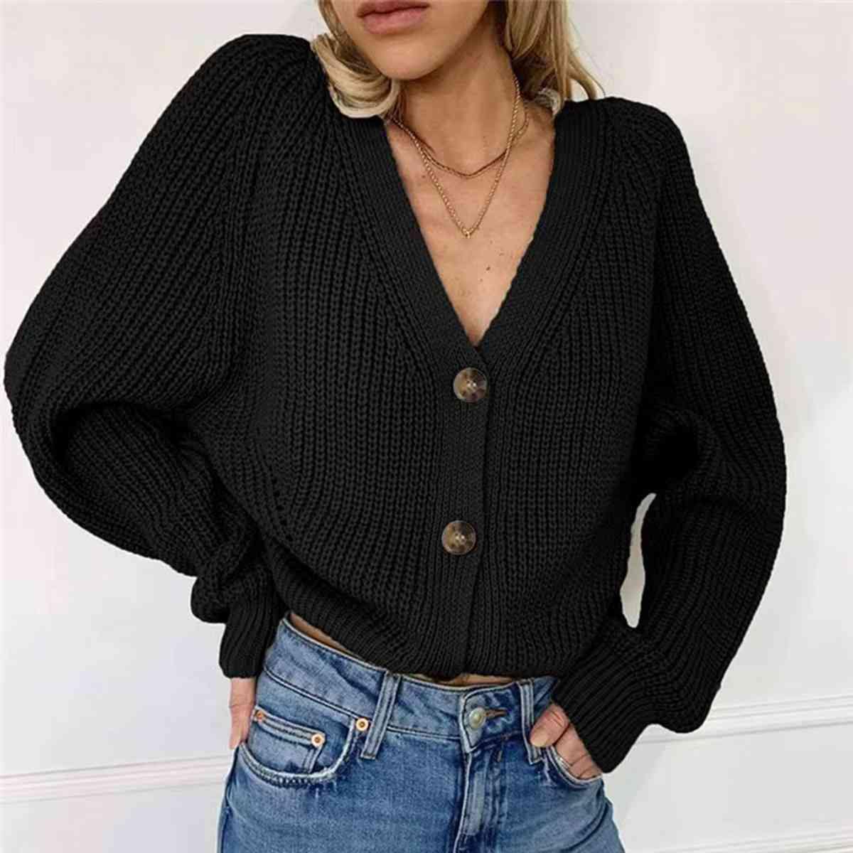 Button Up V-Neck Long Sleeve Cardigan - Trendsi