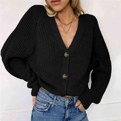 Button Up V-Neck Long Sleeve Cardigan - Trendsi