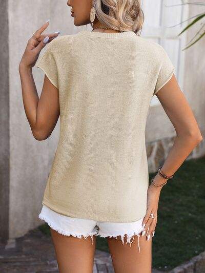 Rolled Cap Sleeve Round Neck Sweater Vest - Trendsi - Flyclothing LLC