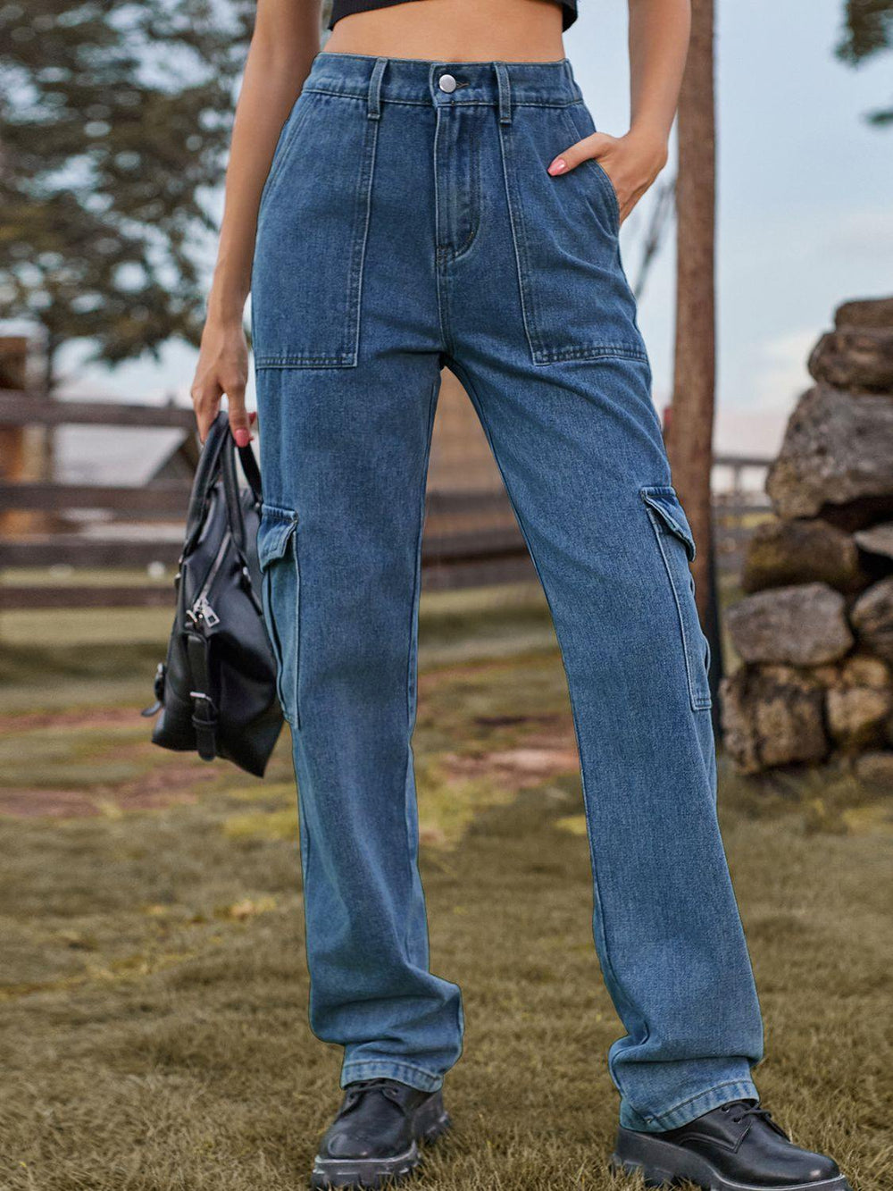 High Waist Cargo Jeans - Trendsi