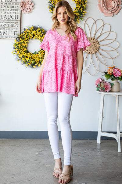 Heimish Full Size Leopard Ruffle Trim Short Sleeve Top - Trendsi - Flyclothing LLC