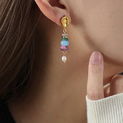 Natural Stone Freshwater Pearl Dangle Earrings - Trendsi