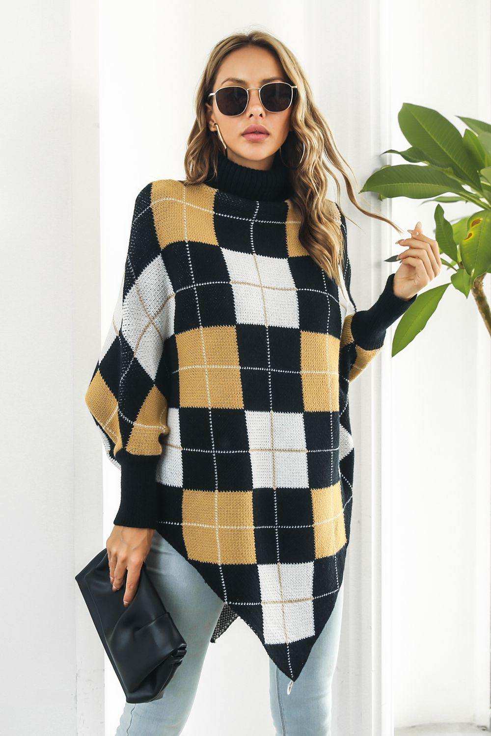 Plaid Turtleneck Dolman Sleeve Poncho - Trendsi - Flyclothing LLC
