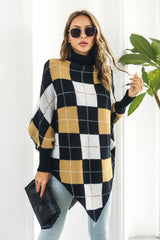 Plaid Turtleneck Dolman Sleeve Poncho - Trendsi