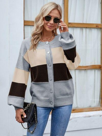 Color Block Button Up Lantern Sleeve Cardigan - Trendsi