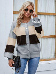 Color Block Button Up Lantern Sleeve Cardigan - Trendsi