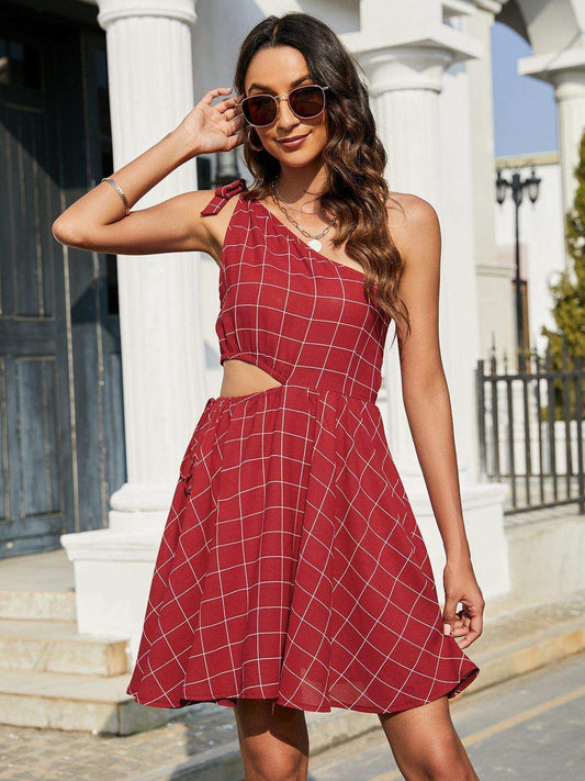 Grid One-Shoulder Tied Cutout Dress - Trendsi - Flyclothing LLC