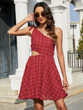 Grid One-Shoulder Tied Cutout Dress - Trendsi