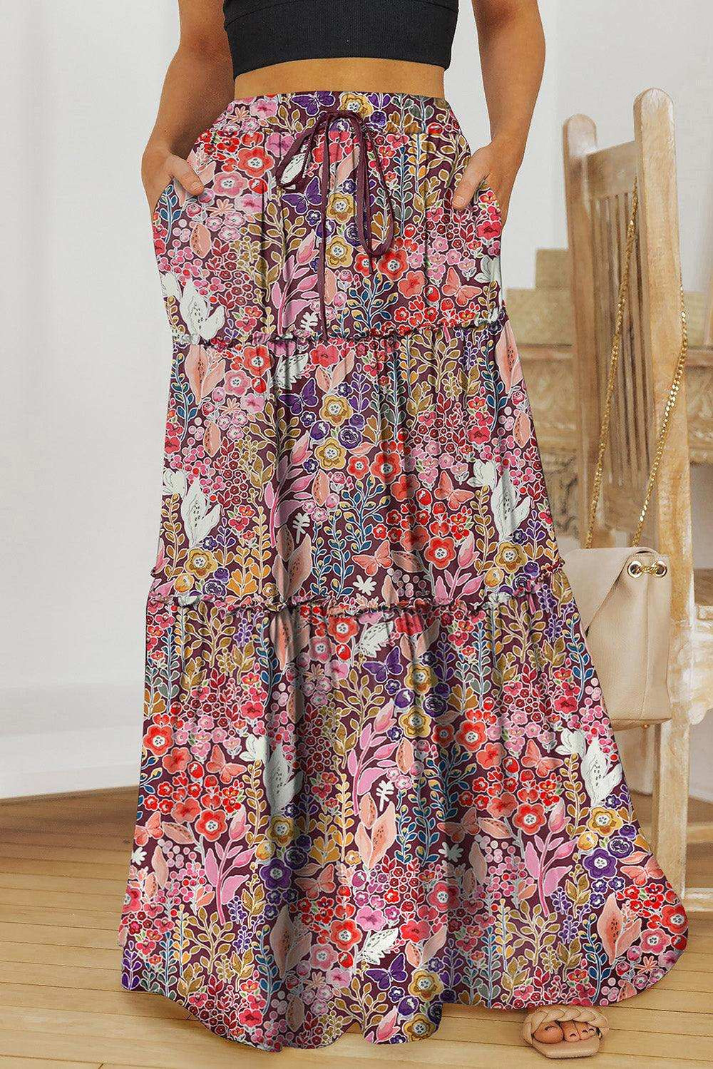 Floral Frill Trim Tiered Maxi Skirt - Trendsi - Flyclothing LLC
