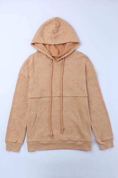 Waffle-Knit Drawstring Kangaroo Pocket Hoodie - Trendsi - Flyclothing LLC