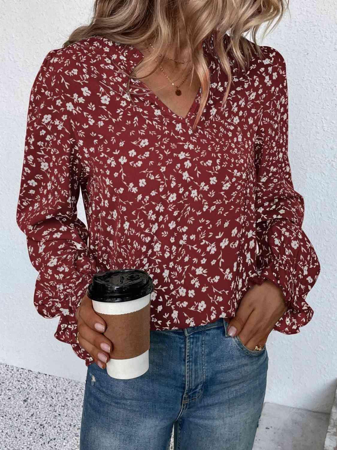 Notched Neck Flounce Sleeve Blouse - Trendsi
