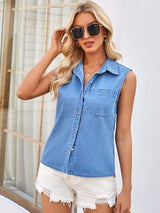 Pocketed Button Up Sleeveless Denim Top - Trendsi - Flyclothing LLC