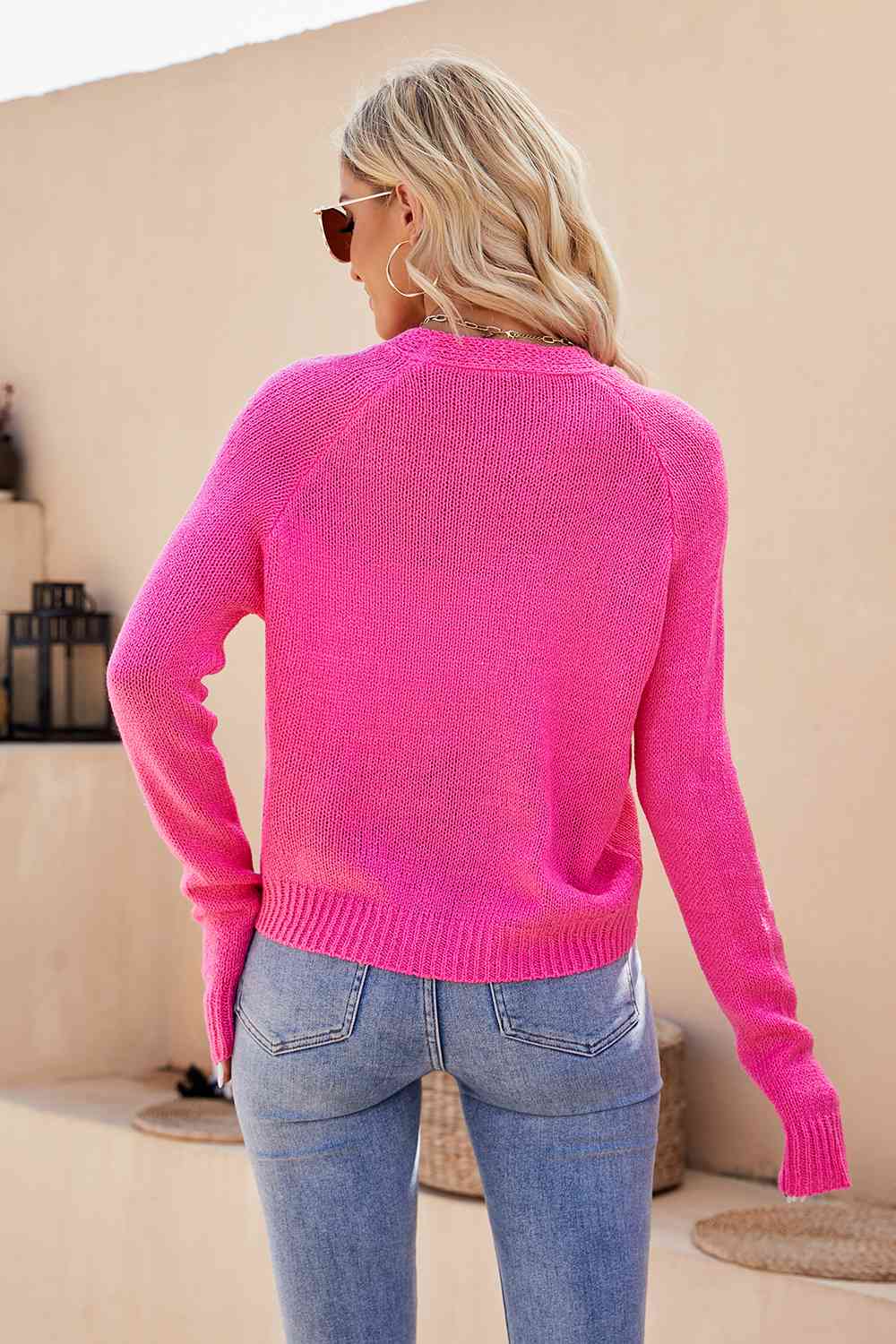 Button Up V-Neck Long Sleeve Cardigan - Trendsi - Flyclothing LLC