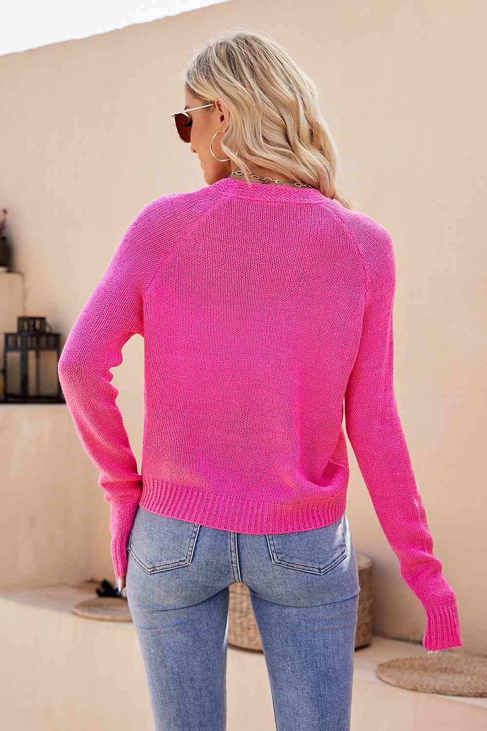 Button Up V-Neck Long Sleeve Cardigan - Trendsi - Flyclothing LLC