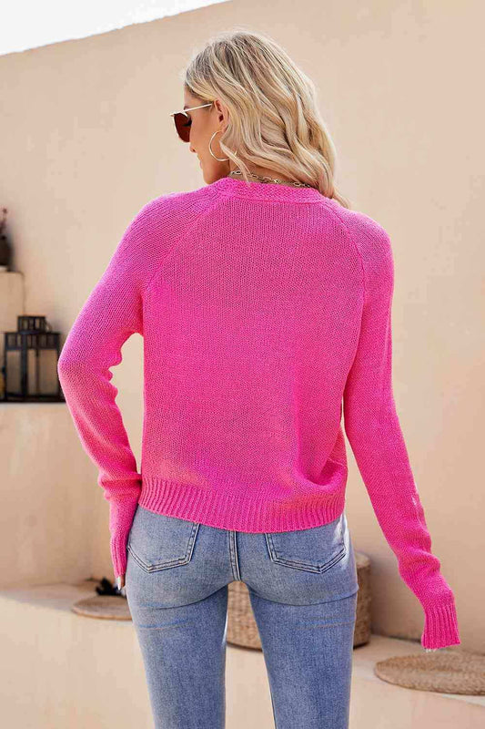 Button Up V-Neck Long Sleeve Cardigan - Trendsi - Flyclothing LLC