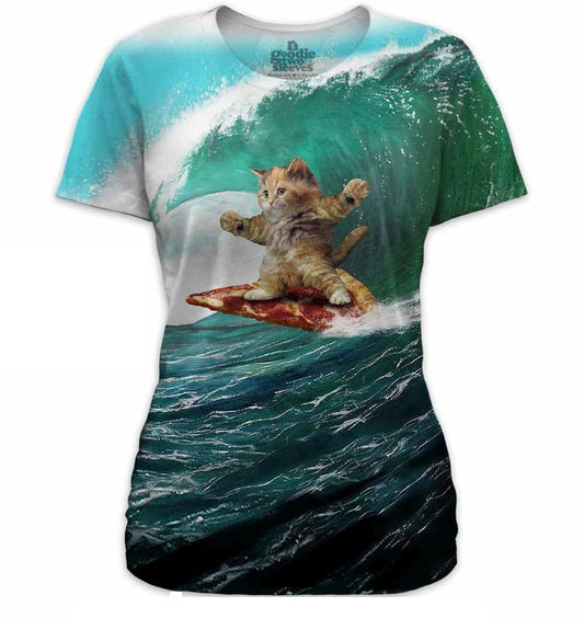 Surfs Up Pizza Cat Womens Tee - Flyclothing LLC