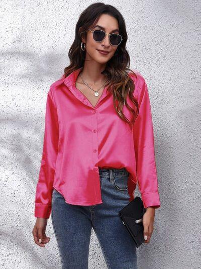 Button Up Collared Neck Long Sleeve Shirt - Trendsi