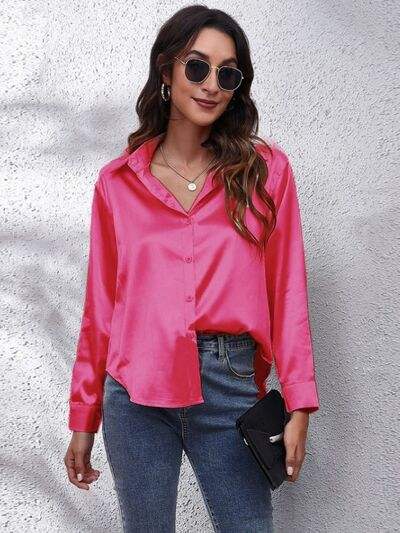 Button Up Collared Neck Long Sleeve Shirt - Trendsi - Flyclothing LLC
