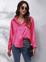 Button Up Collared Neck Long Sleeve Shirt - Trendsi - Flyclothing LLC