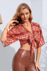 Printed Tie Front Cropped Dolman Sleeve Blouse - Trendsi
