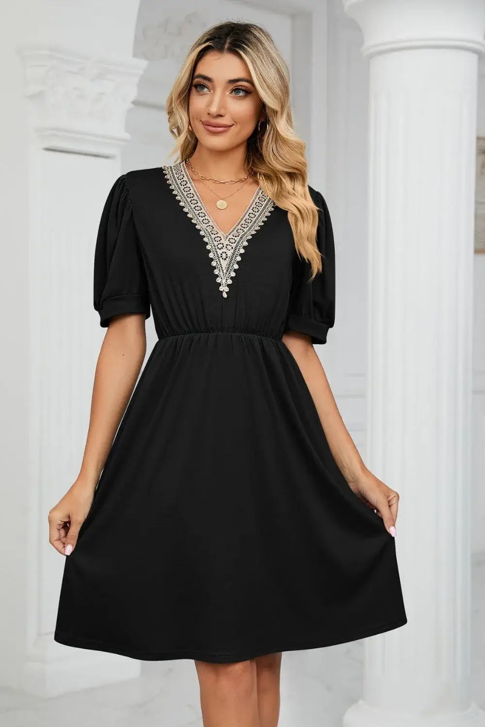 Contrast V-Neck Puff Sleeve Pocket Dress - Trendsi - Flyclothing LLC