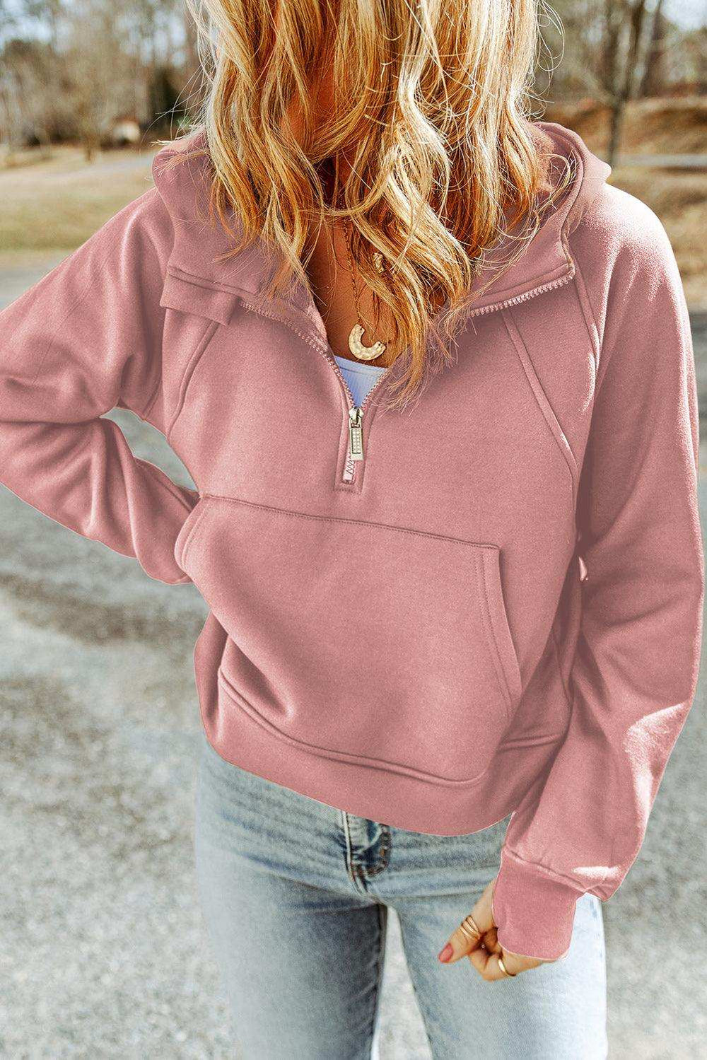 Half-Zip Thumbhole Sleeve Hoodie - Trendsi - Flyclothing LLC