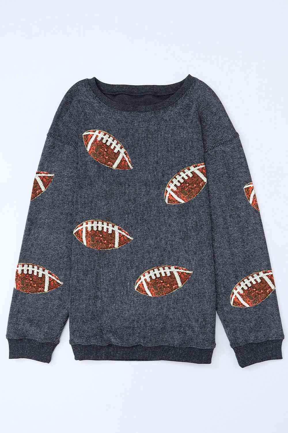 Sequin Football Patch Corduroy Sweatshirt - Trendsi - Flyclothing LLC
