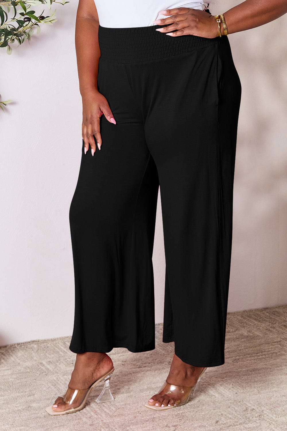 Double Take Full Size Smocked Wide Waistband Wide Leg Pants - Trendsi