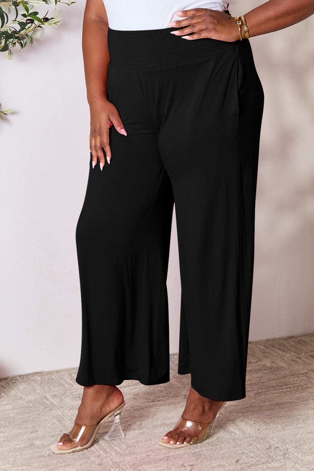 Double Take Full Size Smocked Wide Waistband Wide Leg Pants - Trendsi - Flyclothing LLC