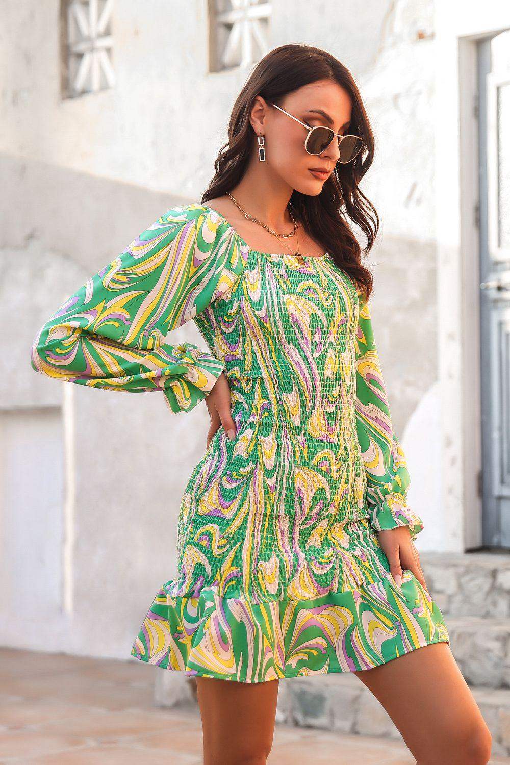 Abstract Print Square Neck Smocked Dress - Trendsi - Flyclothing LLC