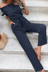 Off-Shoulder Tie Cuff Jumpsuit with Pockets - Trendsi - Flyclothing LLC
