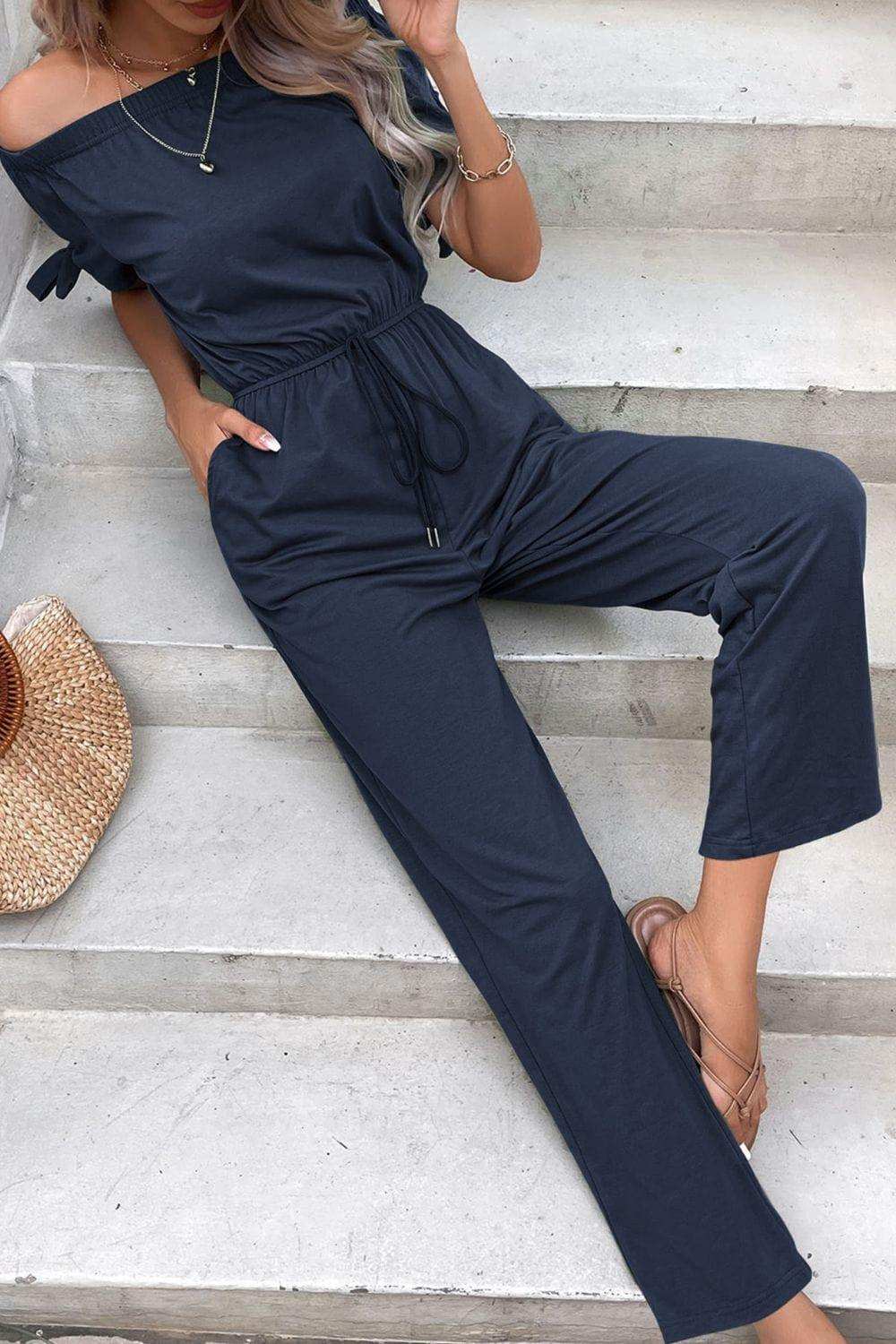 Off-Shoulder Tie Cuff Jumpsuit with Pockets - Trendsi - Flyclothing LLC