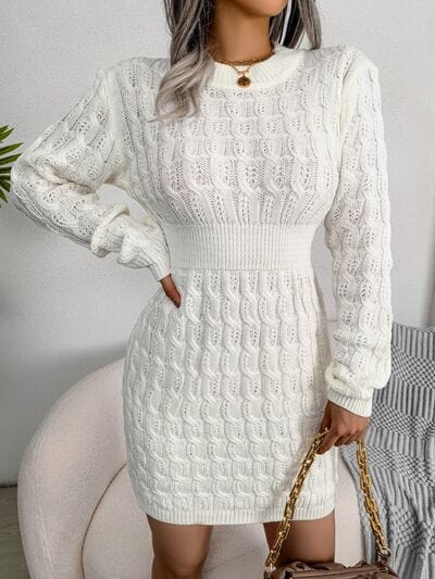 Cable-Knit Round Neck Mini Wrap Sweater Dress - Trendsi