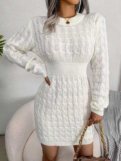 Cable-Knit Round Neck Mini Wrap Sweater Dress - Trendsi - Flyclothing LLC