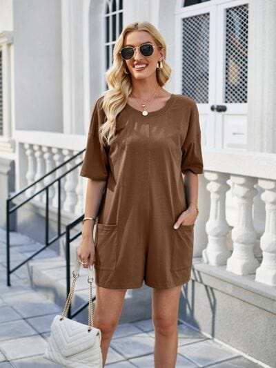 Backless Pocketed Round Neck Half Sleeve Romper - Trendsi - Flyclothing LLC