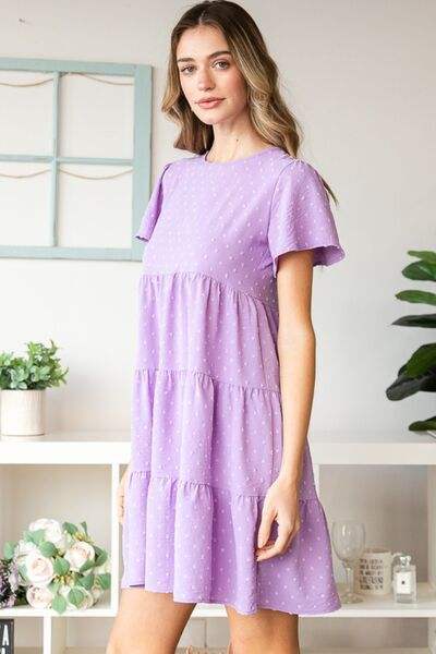 Heimish Full Size Swiss Dot Short Sleeve Tiered Dress - Trendsi - Flyclothing LLC