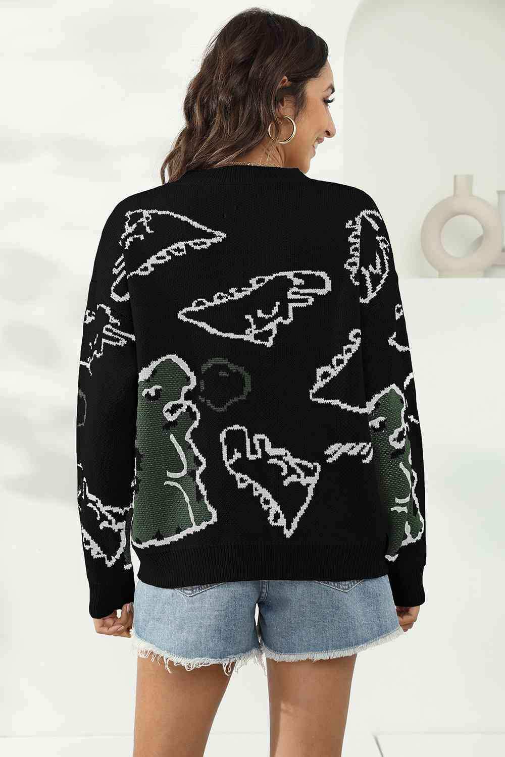 Dinosaur Print Pullover Sweater - Trendsi - Flyclothing LLC
