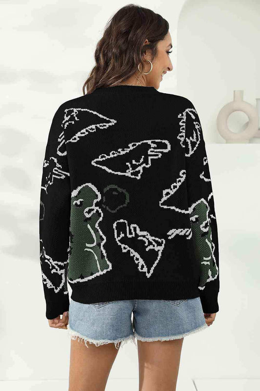 Dinosaur Print Pullover Sweater - Trendsi - Flyclothing LLC