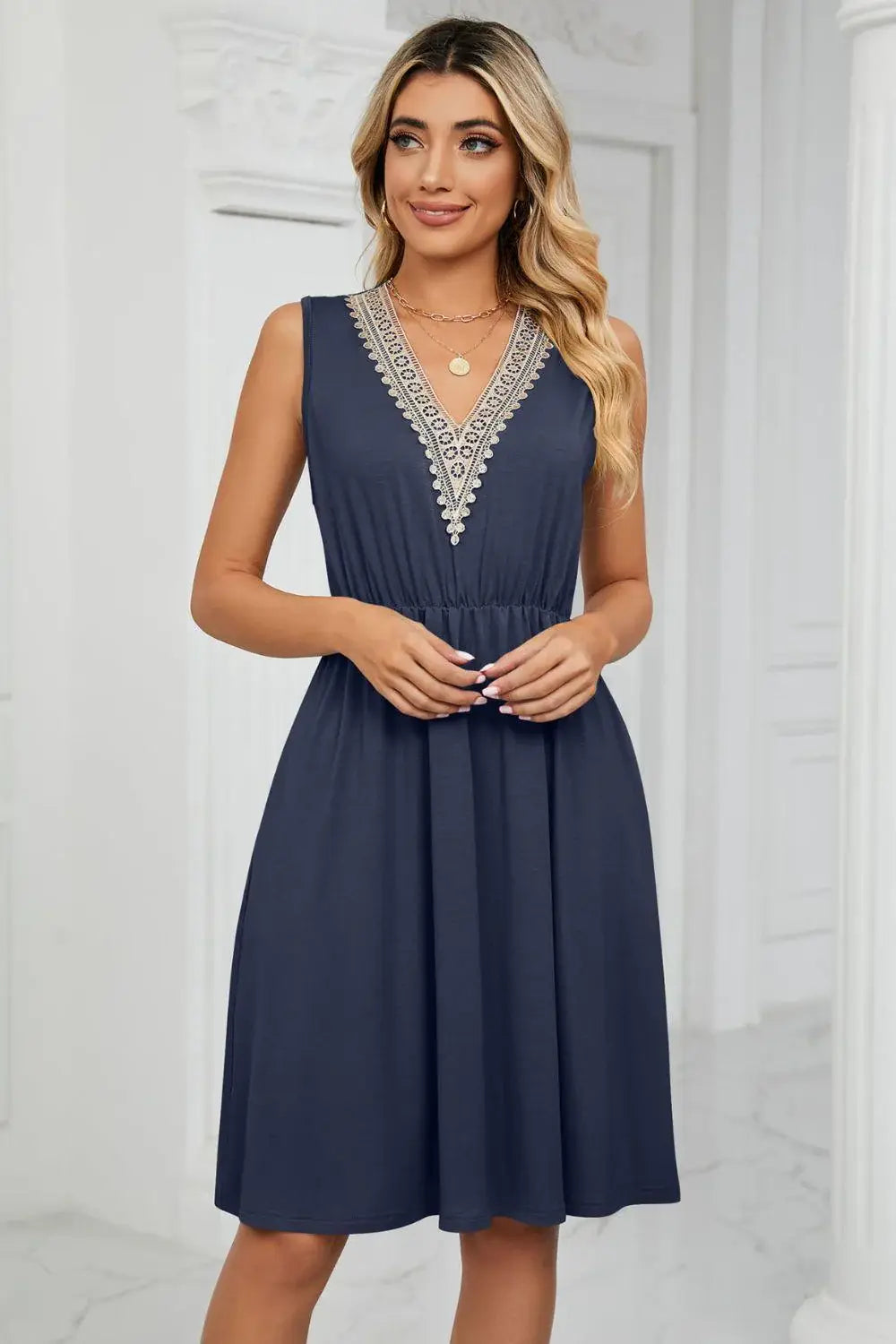 Contrast V-Neck Sleeveless Dress - Trendsi - Flyclothing LLC